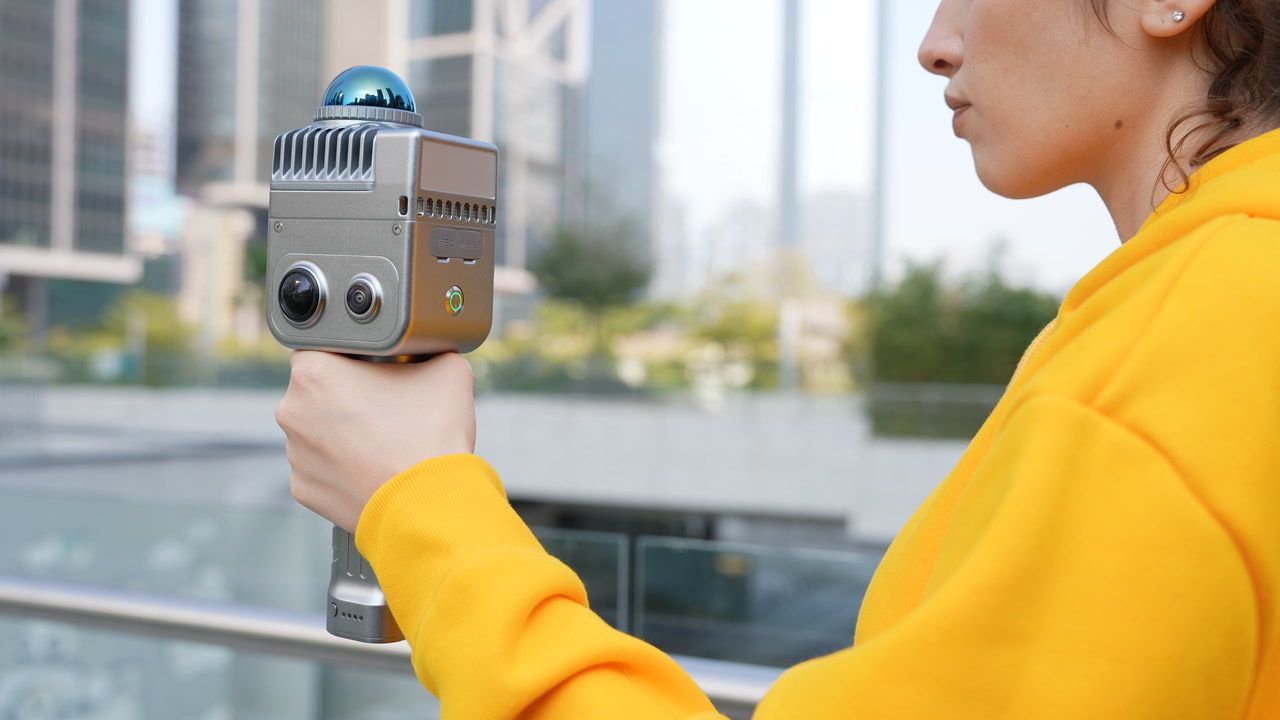 Scanning a rooftop with a city skyline in the background