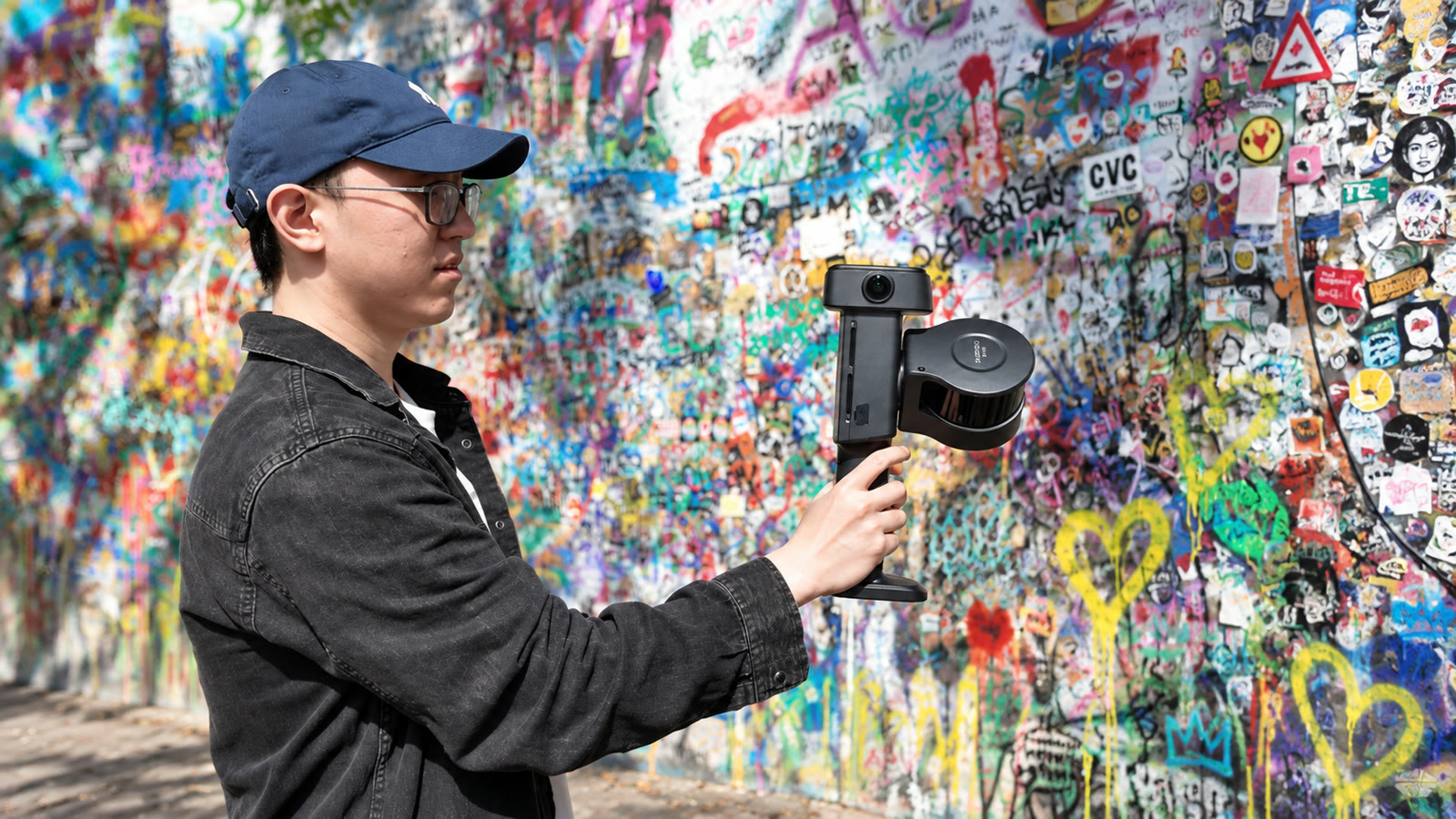 Operator scanning a colorful graffiti wall with the Lixel L3 Pro