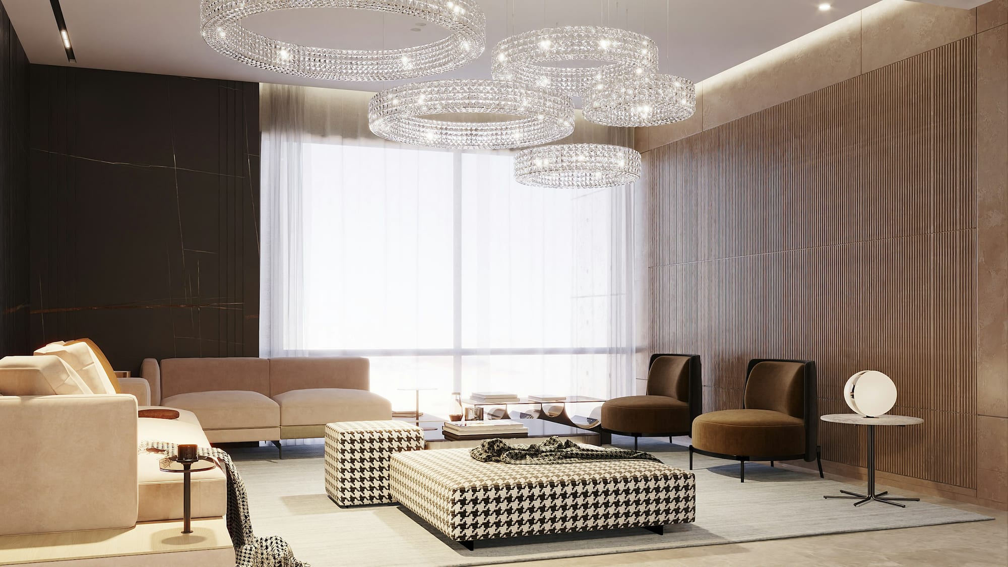 Luxury modern living room interior with chandeliers