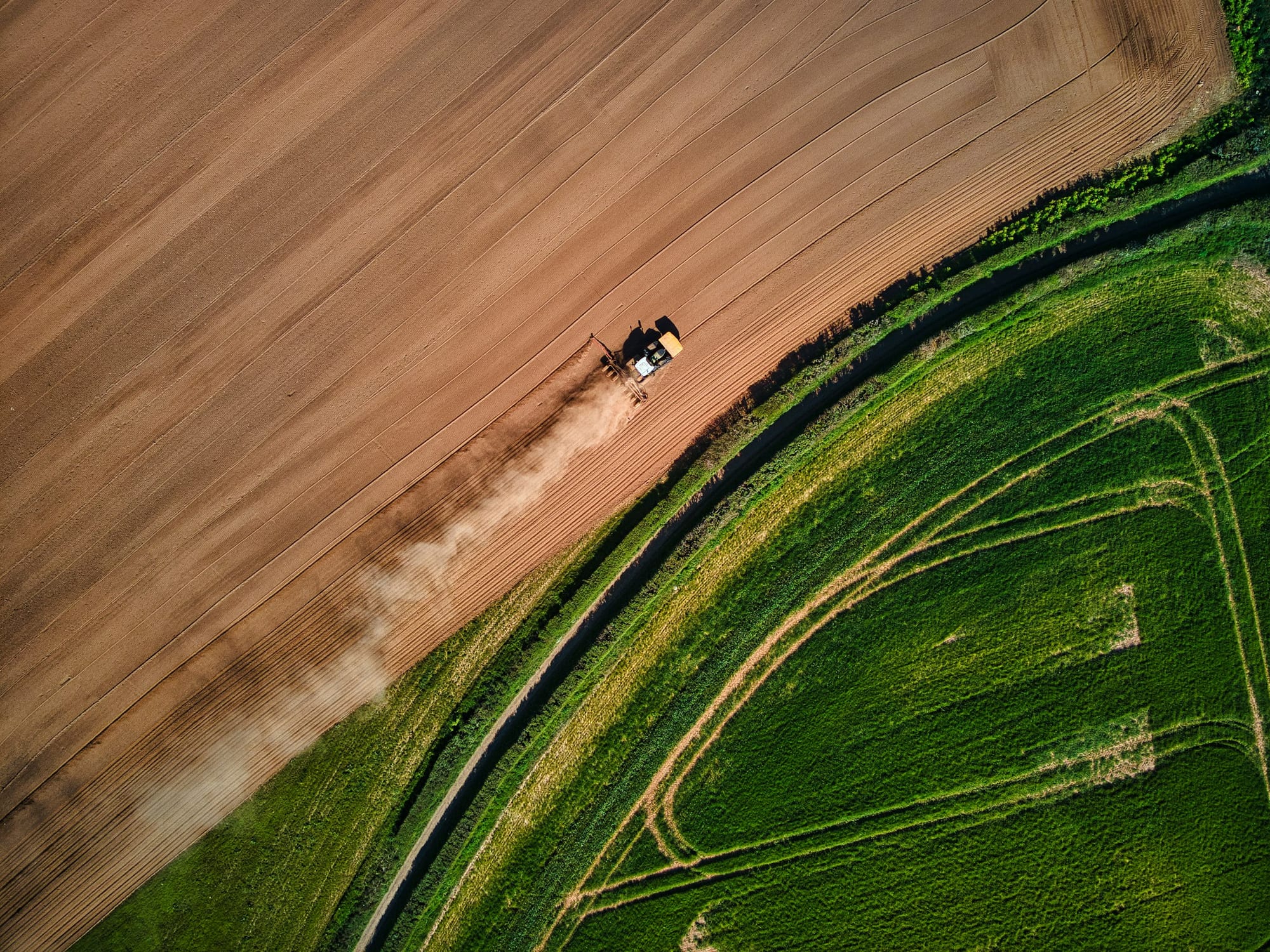 Aerial drone view of farmland and fields
